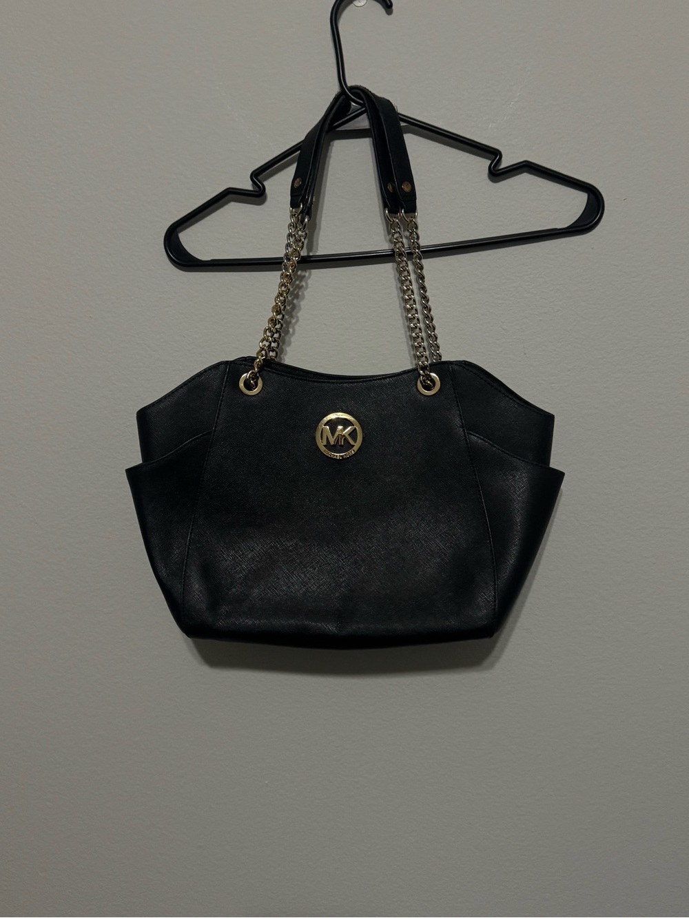 Michael Kors Black Leather Shoulder Tote with Gold Hardware